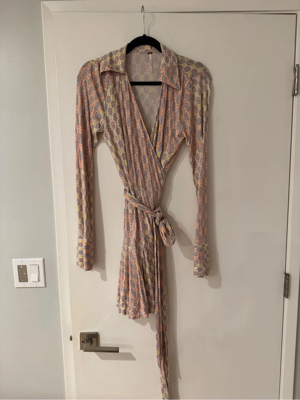 Wrap Front Long Sleeve Mini Dress in Light Pink and Yellow